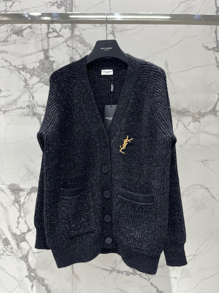 YSL V-Neck Knit Wool Cardigan with Silver Threads 0725022702