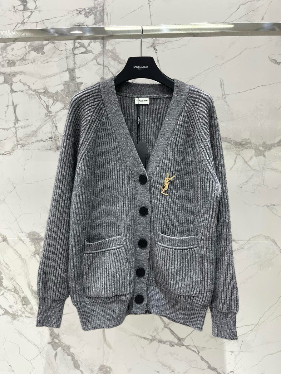 YSL V-Neck Knit Wool Cardigan with Silver Threads 0725022702