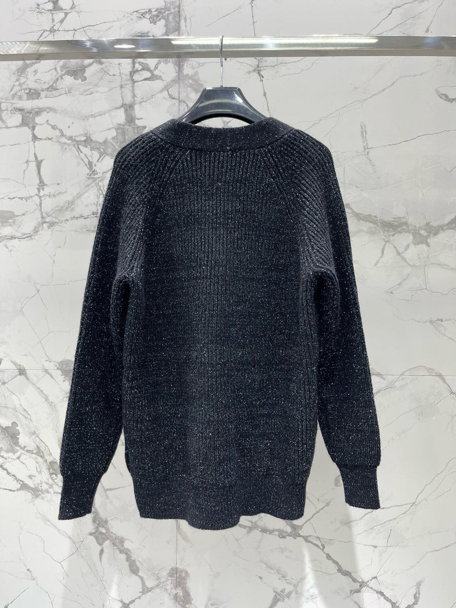 YSL V-Neck Knit Wool Cardigan with Silver Threads 0725022702