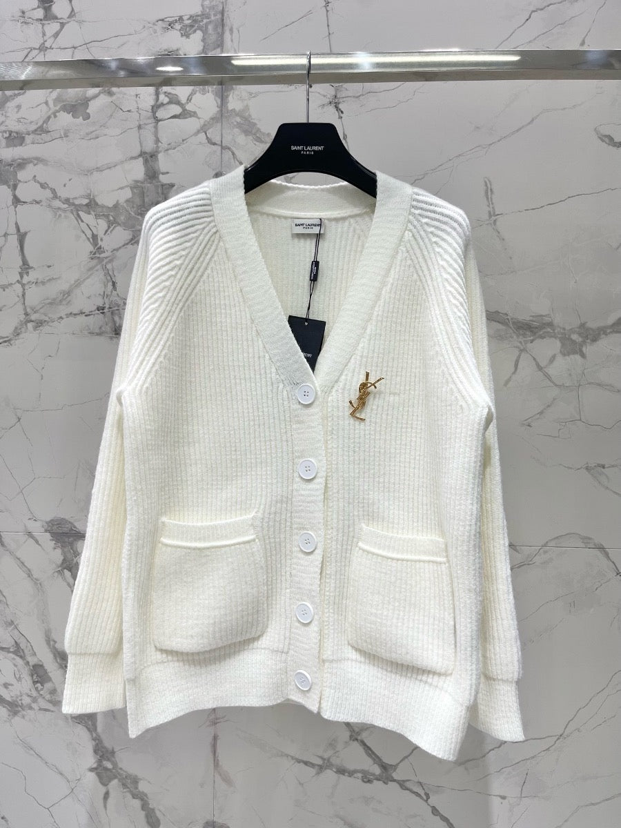 YSL V-Neck Knit Wool Cardigan with Silver Threads 0725022702
