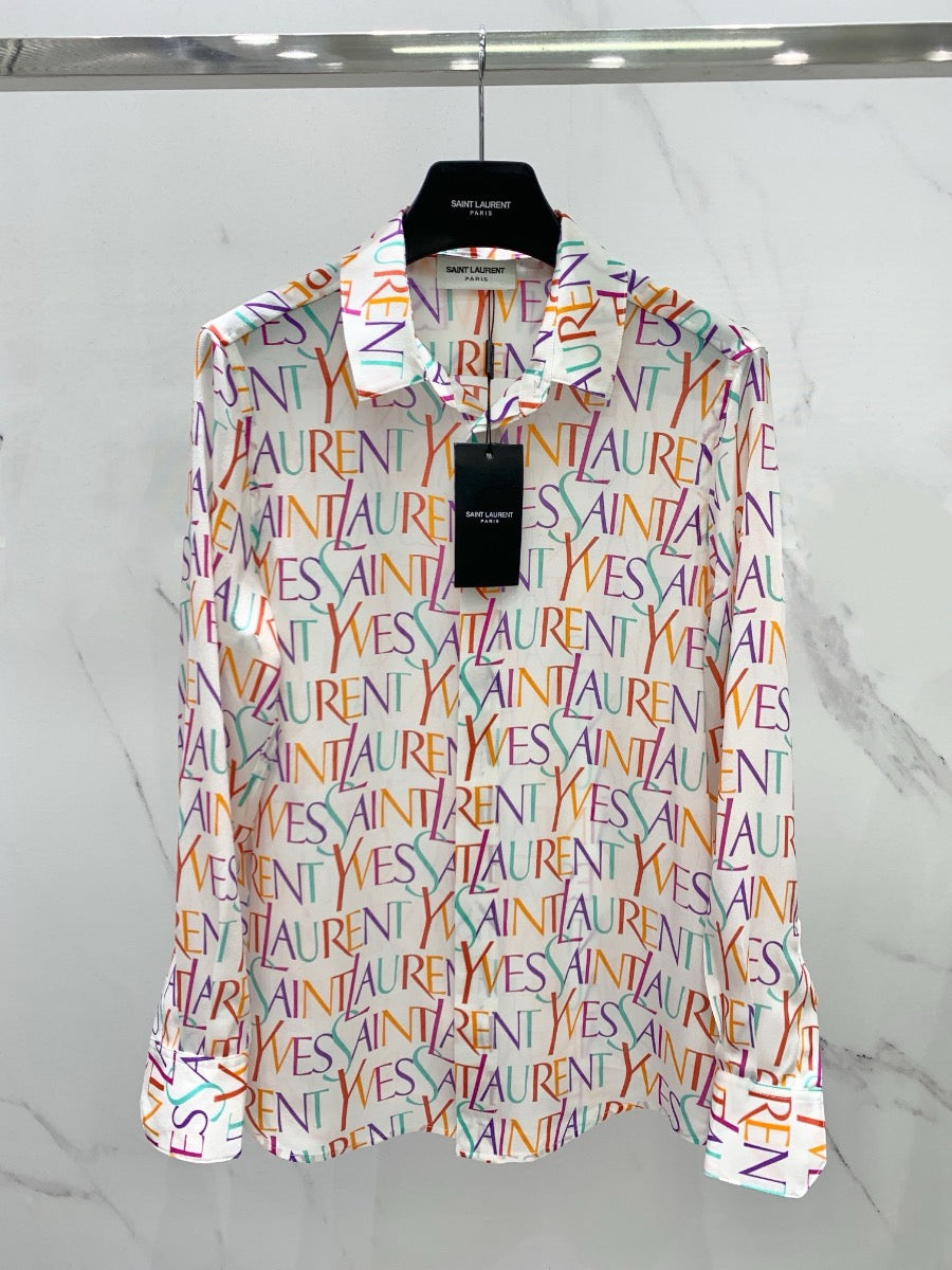 YSL Pop Color Logo Print Silk Shirt White 0725022703