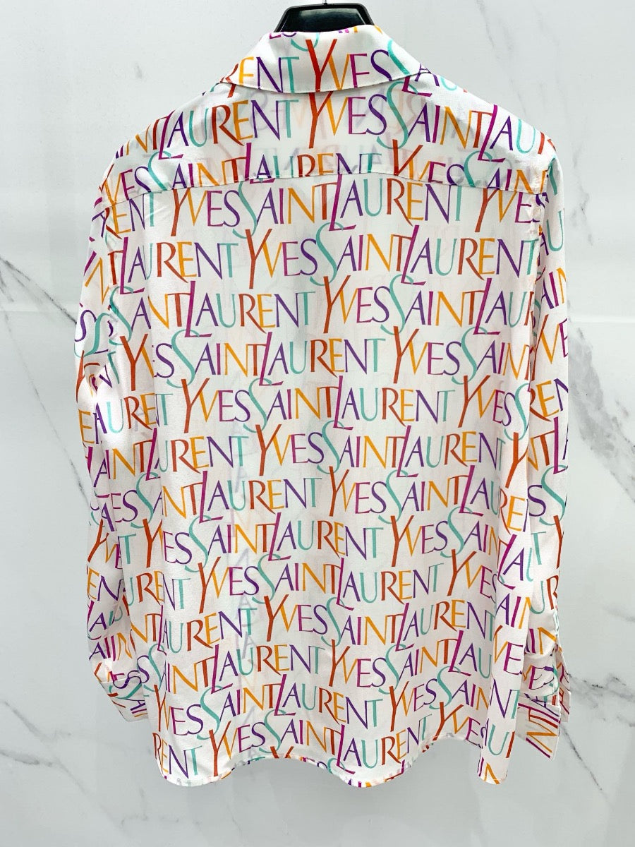 YSL Pop Color Logo Print Silk Shirt White 0725022703