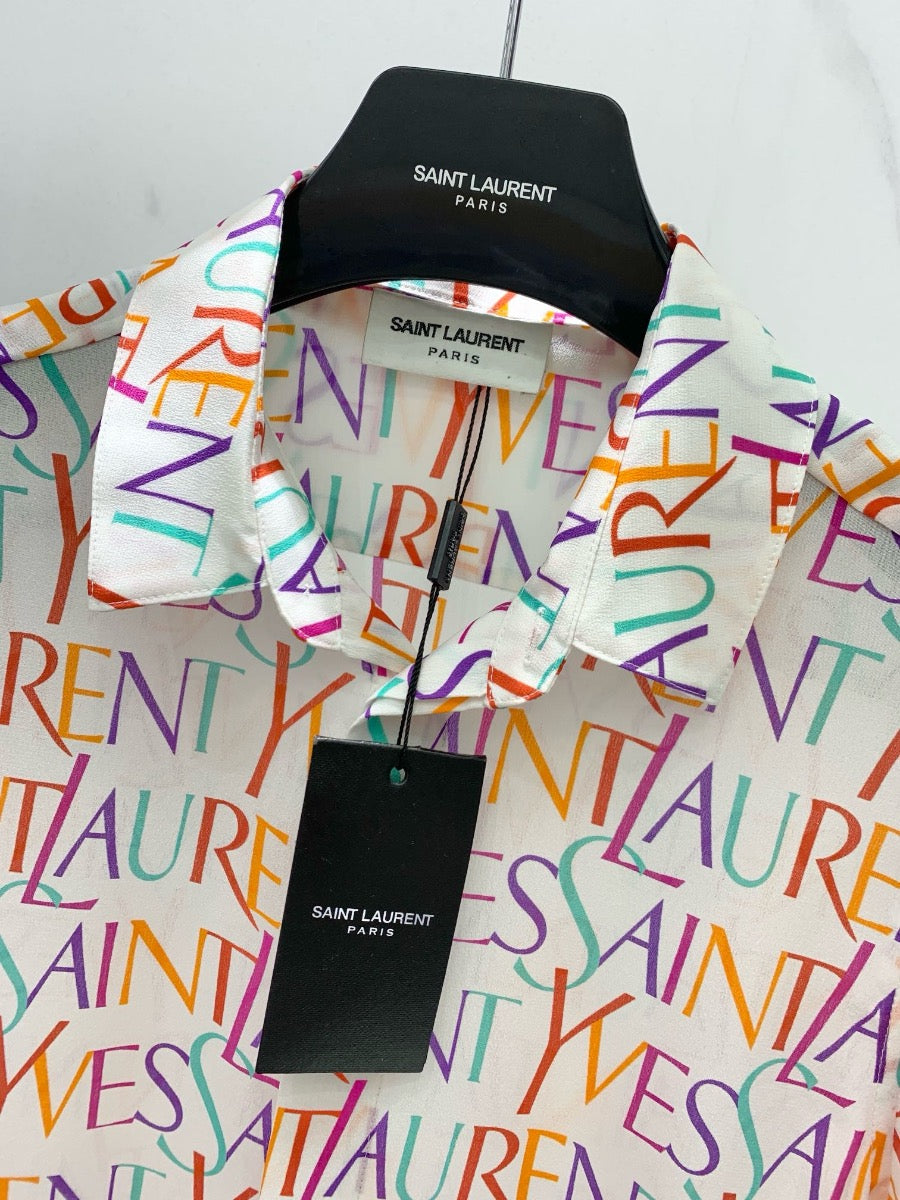 YSL Pop Color Logo Print Silk Shirt White 0725022703