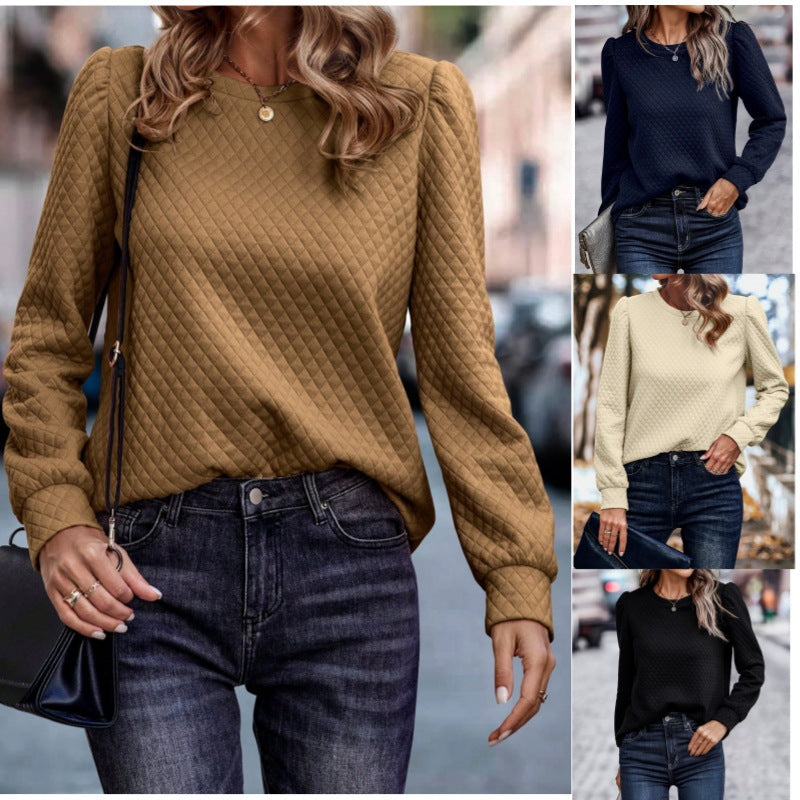 New Air Plaid Puff Sleeve Sweatshirt Top For Women