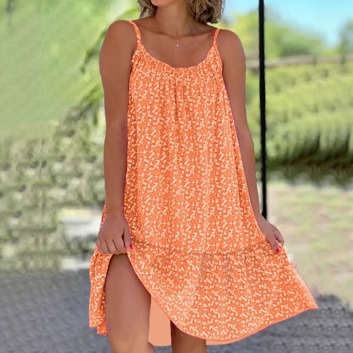 Casual Style Printed Sleeveless Large Sling Suspender Dress