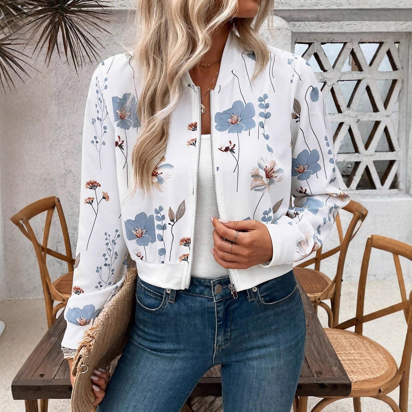 Women'S Zipper Flower Print Long-Sleeved Short Casual Clip