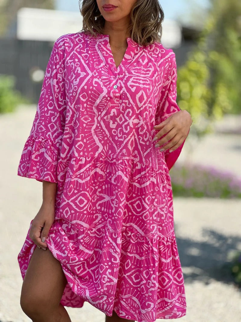 V-Neck Flared Sleeve Romantic Print Splicing Dress For Women