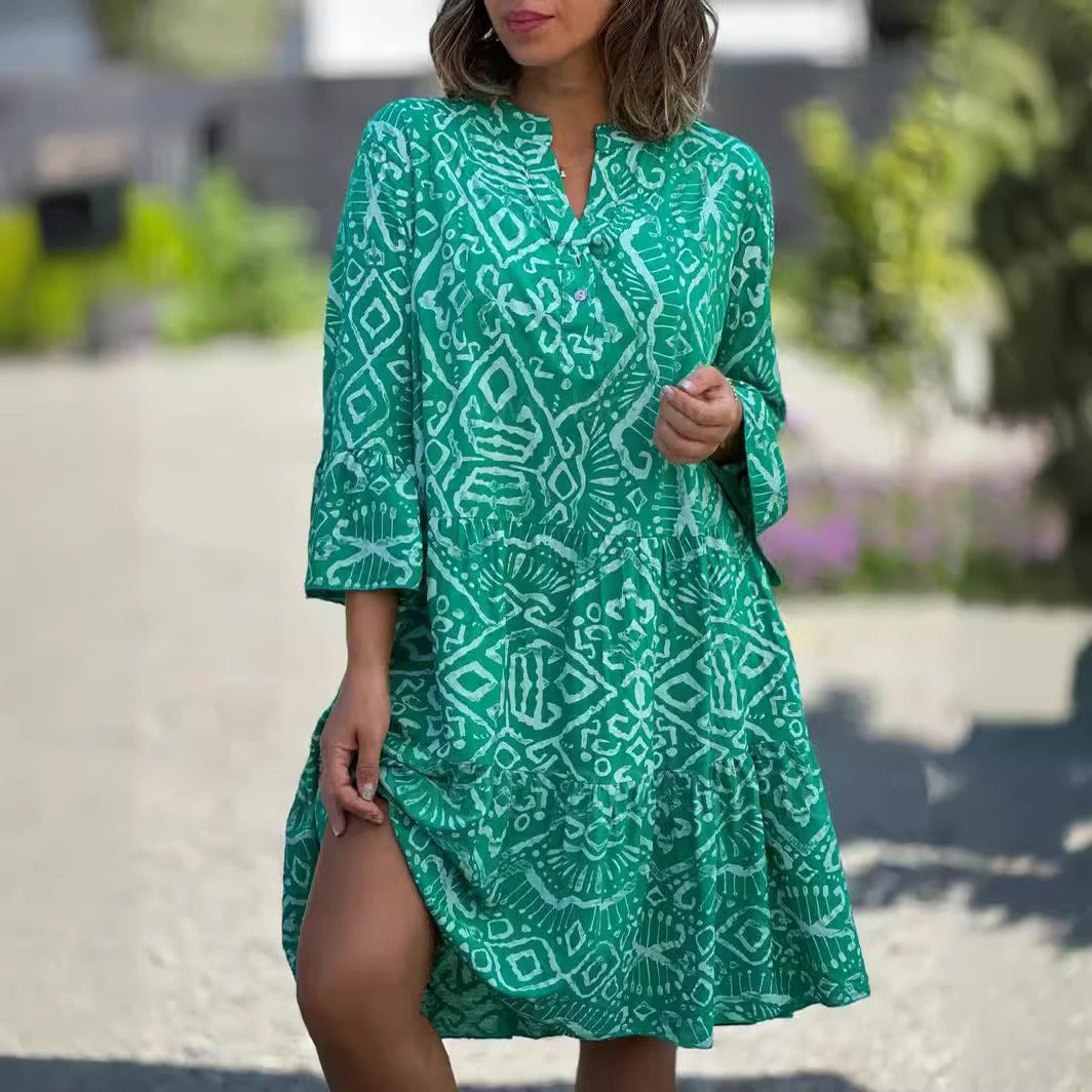 V-Neck Flared Sleeve Romantic Print Splicing Dress For Women