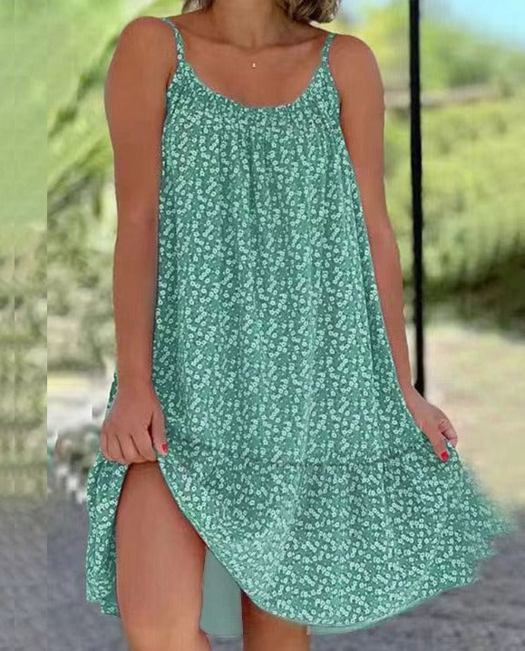 Casual Style Printed Sleeveless Large Sling Suspender Dress