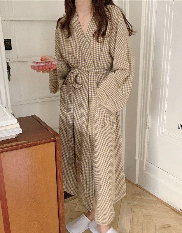 Spring Plaid Long Sleeve Nightdress Bathrobe