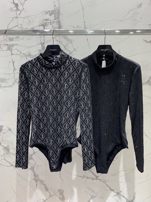 YSL New Slim-Fit Bodysuit with Logo Embellishments Crystals 0725022704