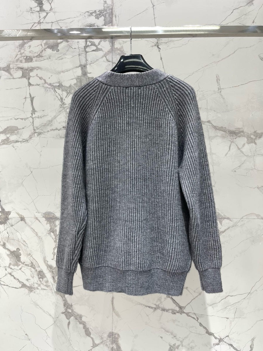 YSL V-Neck Knit Wool Cardigan with Silver Threads  0725022702