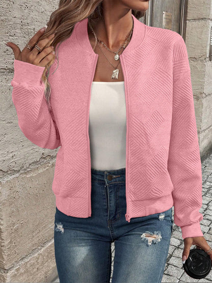New Fashionable Plaid Zipper Round Neck Long Sleeve Jacket Women
