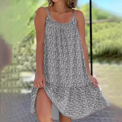 Casual Style Printed Sleeveless Large Sling Suspender Dress