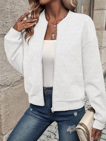 New Fashionable Plaid Zipper Round Neck Long Sleeve Jacket Women