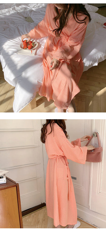 Spring Plaid Long Sleeve Nightdress Bathrobe